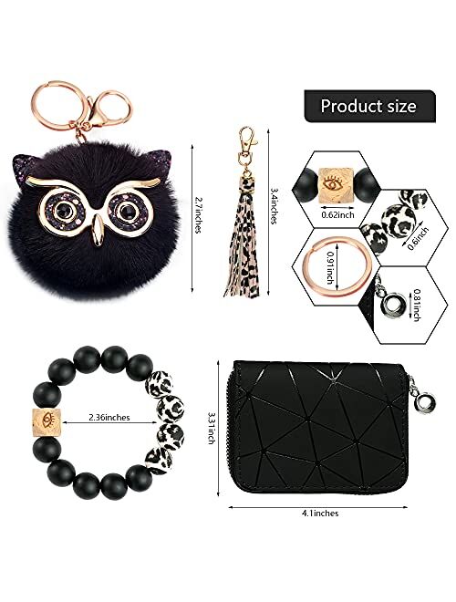 GYLBF Wristlet Keychain Bracelet Wallet, Silicone Beaded Bangle Keyring Tassel for Women, with Cute Owl Pom Pom Keychain
