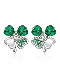 Fenthring St Patricks Day Shamrock Earrings Sterling Silver Four Leaf Clover Irish Triquetra Celtic Knot Earrings for Women Girls Emerald Green CZ Stud Prom Valentines Da