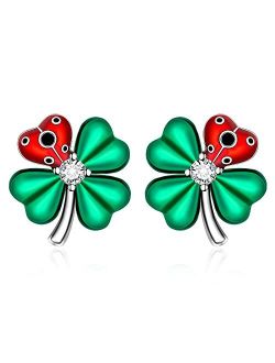 Fenthring St Patricks Day Shamrock Earrings for Women Girls Four Leaf Clover Miraculous Ladybug Earrings Stud Sterling Silver Irish Green Cute Red Beetle Valentines Mothe