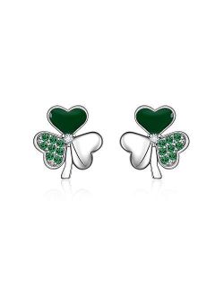 Iringnier ST Patricks Day Shamrock Earrings for Women Irish Heart 925 Sterling Silver Clover Statement Fashion Clip On Piercing Stud Dainty Emerald Diamond Crystal Love G