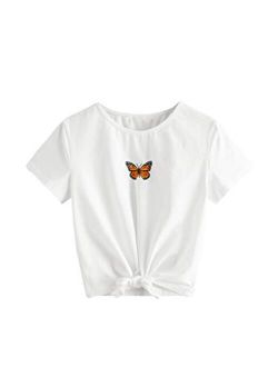 Girl's Casual Butterfly Print Short Sleeve Tie Knot Front T Shirt Tee Tops