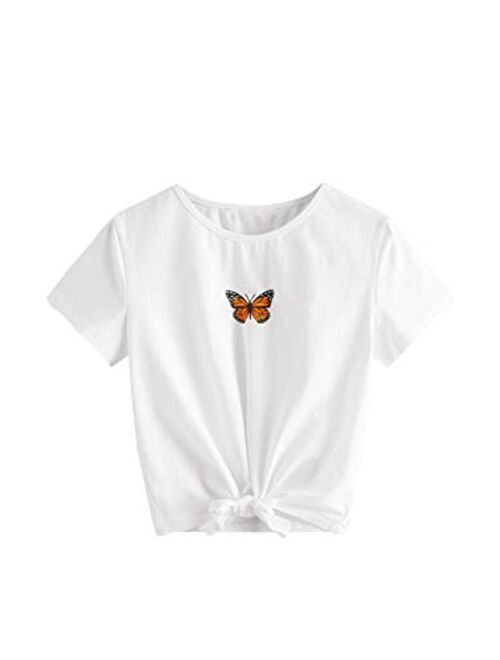 Romwe Girl's Casual Butterfly Print Short Sleeve Tie Knot Front T Shirt Tee Tops
