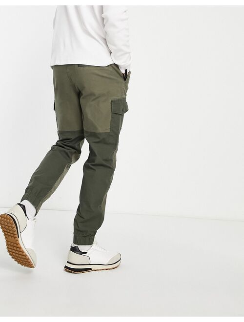 River Island tapered blocked cargo pants in washed khaki