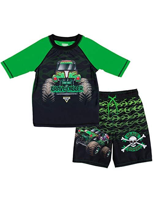 Buy Monster Jam Short Sleeve Rash Guard Swim Shirt & Swim Trunks ...