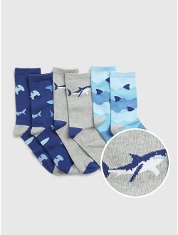 Kids Shark Print Cotton Crew Socks (3-Pack)