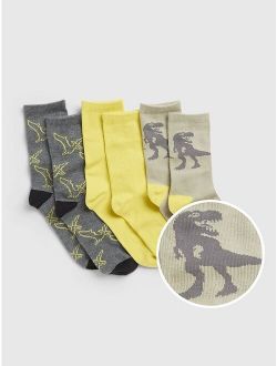 Kids Dinosaur Print Cotton Crew Socks (3-Pack)