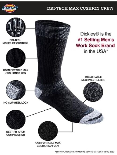Dickies Men's Dri-tech Moisture Control Max Full Cushion Crew Socks Multipack