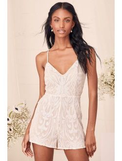 Catch a Spark White and Beige Sequin Romper
