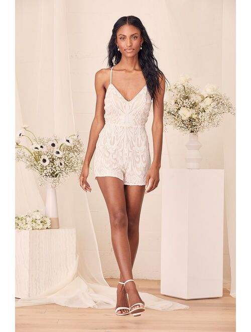 Lulus Catch a Spark White and Beige Sequin Romper