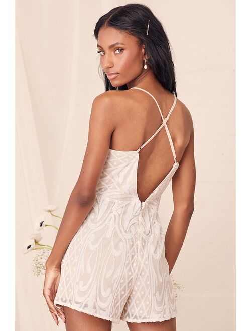 Lulus Catch a Spark White and Beige Sequin Romper