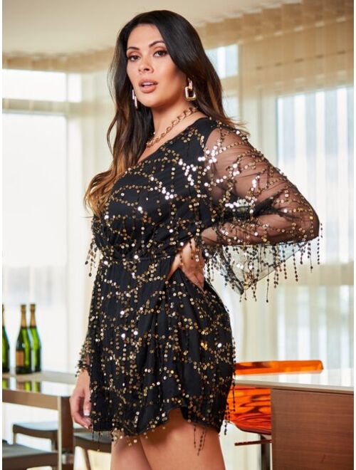 SHEIN Plus Contrast Mesh Sequin Romper