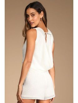 Sparks in the Air White Sequin Cowl Back Sleeveless Romper