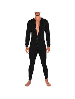 Kingspinner Men's Long Sleeve Onesie Henley Jumpsuit One Piece Pajama Long Thermal Union Suit Button Down Pajamas