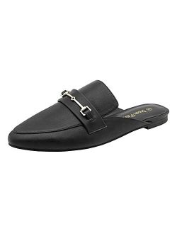 Women's Flat Mules Buckle Pointed Toe Backless Slip on Slides Loafer Shoes