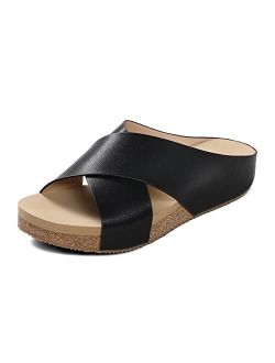 Women's Cork Slide Sandals Slip on Open Toe Cute Platform Criss Cross Flat Sandals for Summer