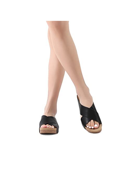 DREAM PAIRS Women's Cork Slide Sandals Slip on Open Toe Cute Platform Criss Cross Flat Sandals for Summer