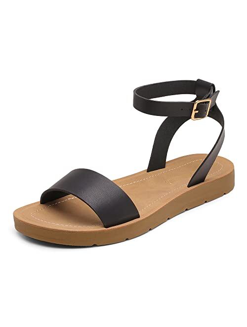 DREAM PAIRS Women’s One Band Ankle Strap Buckle Flat Sandals
