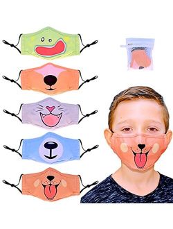 Cuterus 5-Pack Animal Mouth Kids Face Masks - Children Washable Reusable and Adjustable Cloth Masks - Cute Print For Boys and Girls