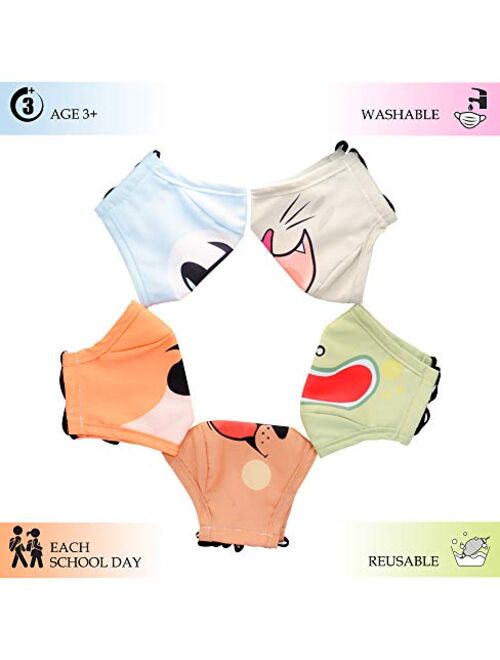 Cuterus 5-Pack Animal Mouth Kids Face Masks - Children Washable Reusable and Adjustable Cloth Masks - Cute Print For Boys and Girls