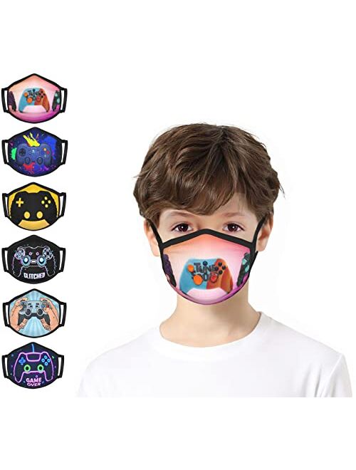 Ocahuel 6PCS Youth Face Mask Funny Gamepad Reusable Mask Washable Mouth Covers With Adjustable Ear Loops Boys Girls ( 12 Filters )