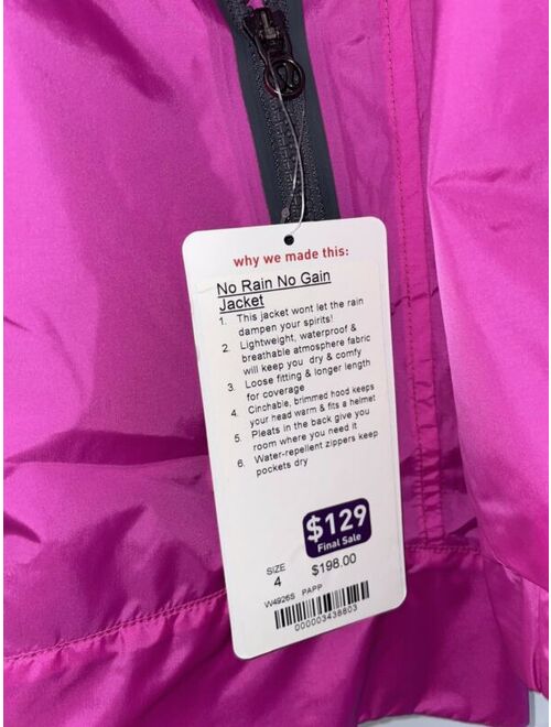 Lululemon No Gain Zip Up Rain Jacket Paris Pink Size 4 NWT