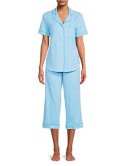 Neptune Blue Stripe Notch Collar Capri Pajama Sleep Set