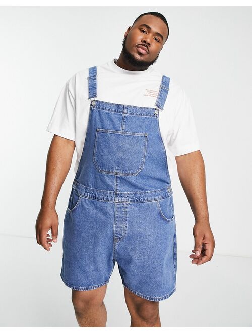 ASOS DESIGN short denim overalls in mid wash blue
