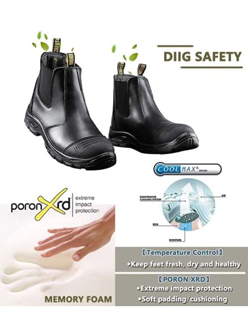 diig Work Boots for Men, Steel/Soft Toe Waterproof Working Boots, Slip Resistant Anti-Static Slip-on Safety EH Working Shoes 6 8 9 10 11 12 13 (Black)