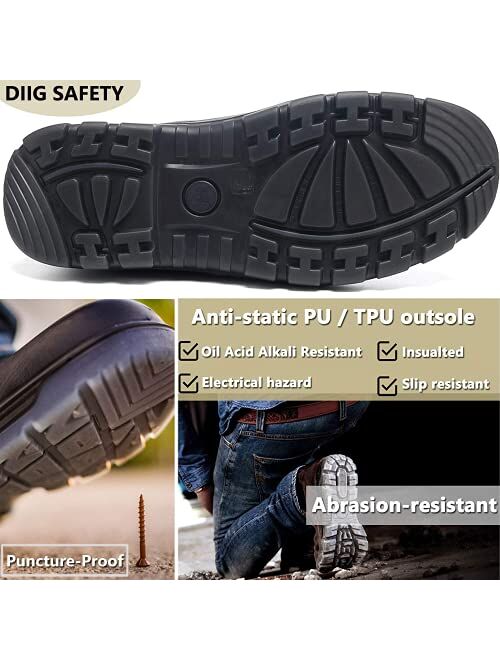 diig Work Boots for Men, Steel/Soft Toe Waterproof Working Boots, Slip Resistant Anti-Static Slip-on Safety EH Working Shoes 6 8 9 10 11 12 13 (Black)