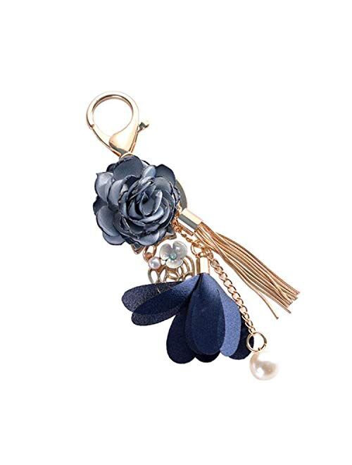 ZOONAI Flower Tassel Keychain Pearl Car Keyring Holder Purse Handbag Pendant