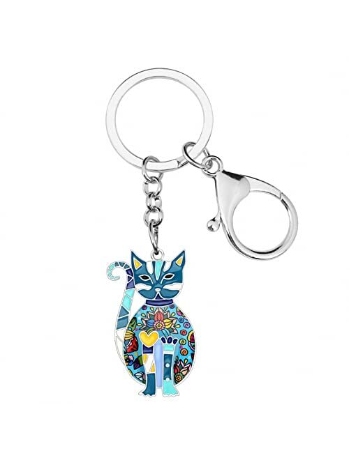 Naislu Enamel Alloy Floral Elegant Kitten Cat Key Chains Keyring Jewelry for Women Ladies Pendant Bag Car Charms Keychain