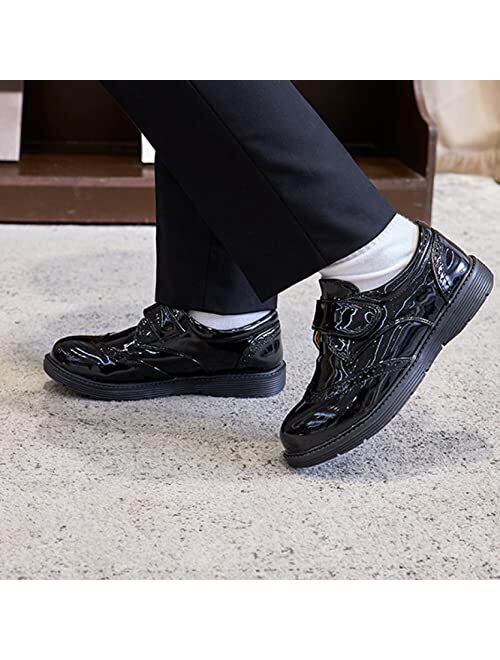 Chyjoey Boys Patent Leather Shoes Kids Hook and Loop Oxford Shoes Lightweight School Wingtip Brogue Shoes for Little Kid