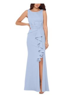 Petite Boat-Neck Waterfall Ruffle Detail Gown
