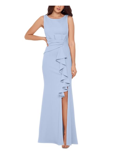 Betsy & Adam Petite Boat-Neck Waterfall Ruffle Detail Gown