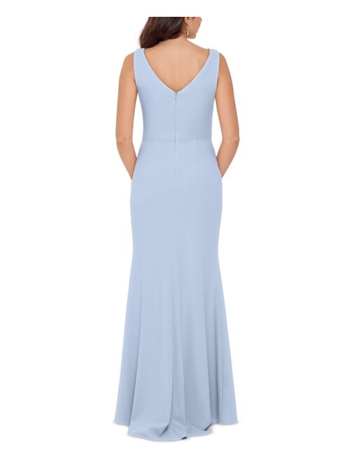 Betsy & Adam Petite Boat-Neck Waterfall Ruffle Detail Gown