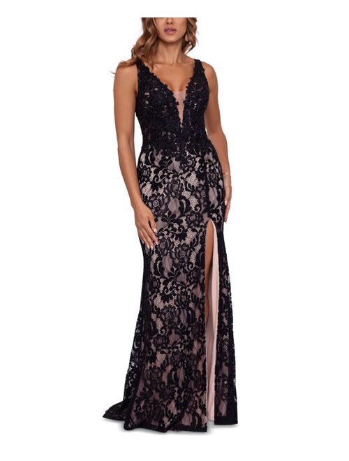 Betsy & Adam V-Neck Lace Gown