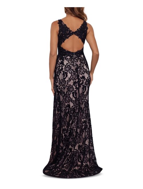Betsy & Adam V-Neck Lace Gown