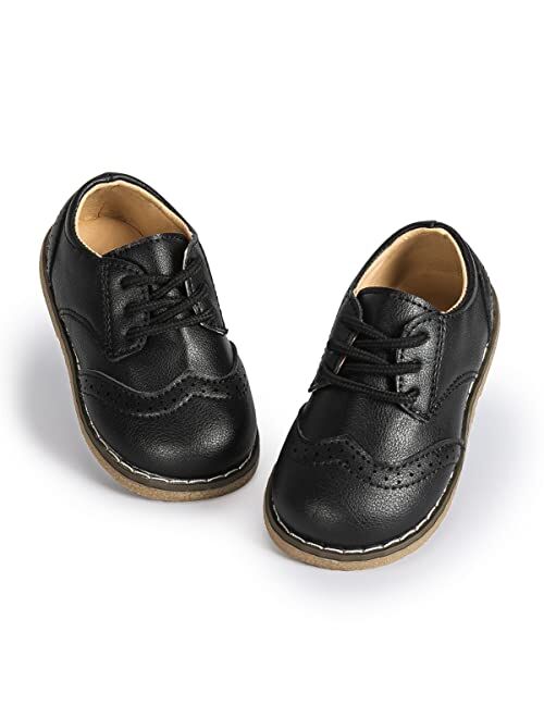 Kannior Boys Girls Oxford PU Leather Shoes Little Kid Wedding Dress Shoes Toddler Lace Up Non-Slip Texture Sole Loafer Flats Classic School Uniform Walking Shoes
