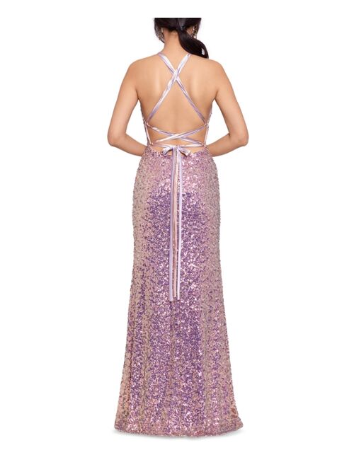 Betsy & Adam Sequinned Tie-Back Gown