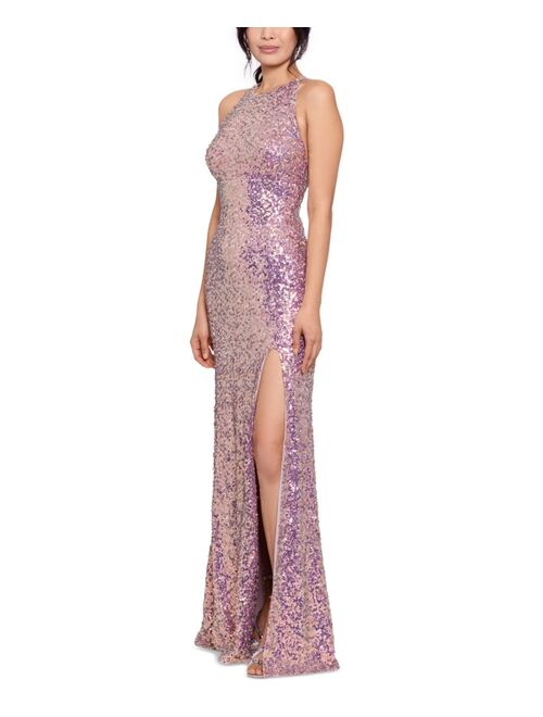 Betsy & Adam Sequinned Tie-Back Gown