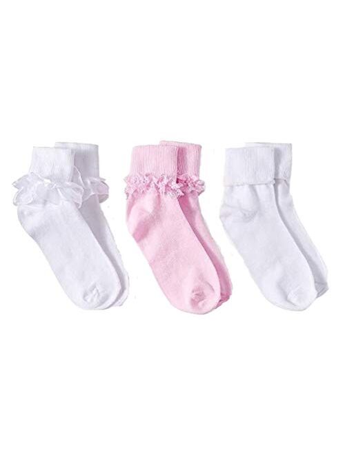 Wonder Nation Little Girls 3 pk Turn Cuff Ruffle Ankle Socks (Medium - Shoe size 10 1/2-4)