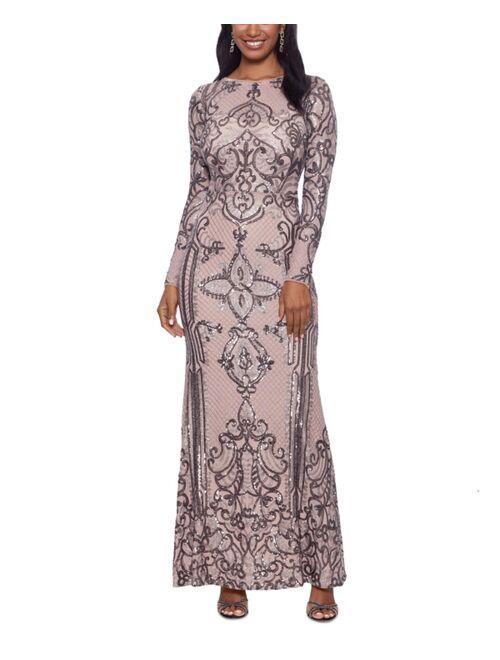 Betsy & Adam Long Sleeve Sequin Gown