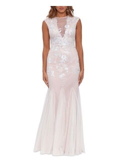 Embroidered-Mesh Gown