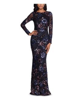 Petite Long Sleeve Sequin Floral Gown