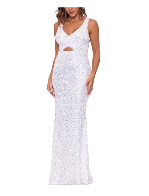 Betsy & Adam V-Neck Cutout-Detail Sequinned Gown