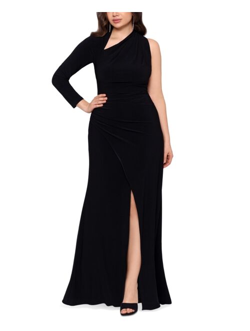 Betsy & Adam Plus Size One-Sleeve Gathered Gown