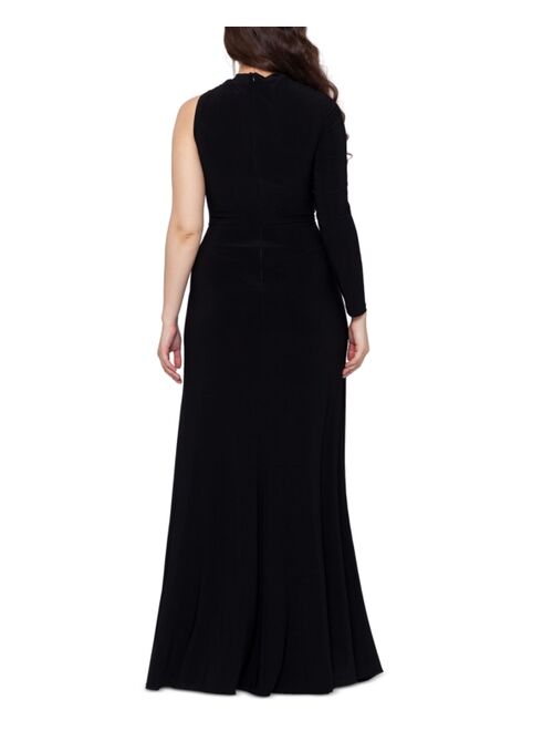 Betsy & Adam Plus Size One-Sleeve Gathered Gown