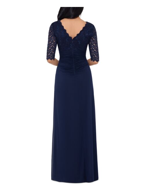 Betsy & Adam Petite V-Neck Lace-Bodice Gown