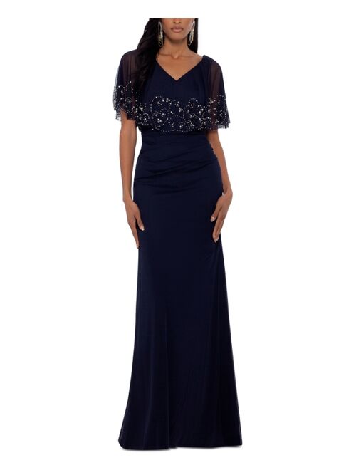 Betsy & Adam Petite Beaded Capelet Gown