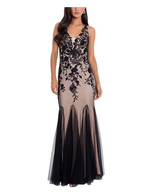 Betsy & Adam Petite Embroidered-Mesh Gown